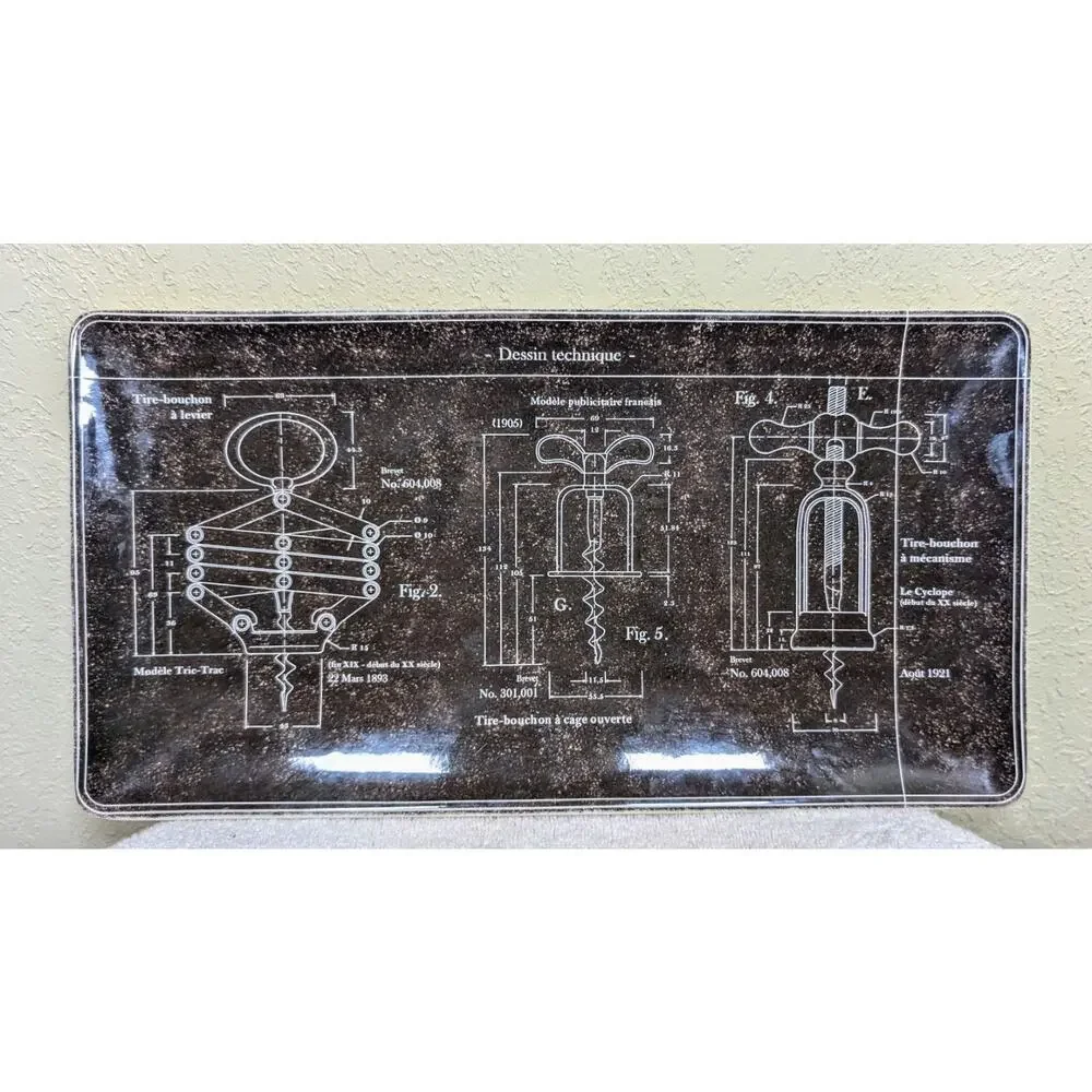 Williams Sonoma 2011 Tire Bouchon Ceramic Corkscrew Blueprint Tray Barware 15x8